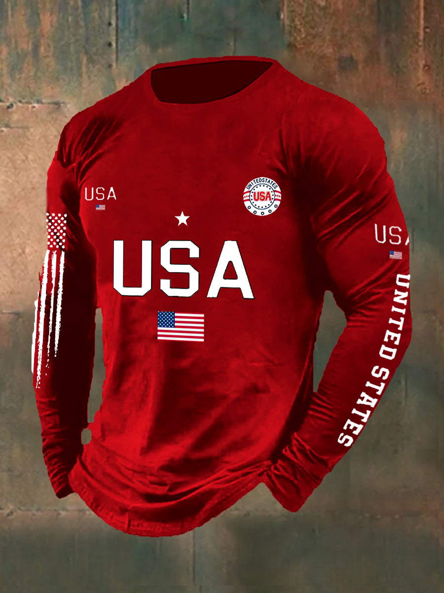 USA Flag Printed Long Sleeve Cotton T-Shirt