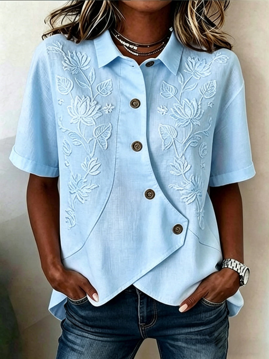 Women's Floral Art Short-Sleeve Linen Shirt