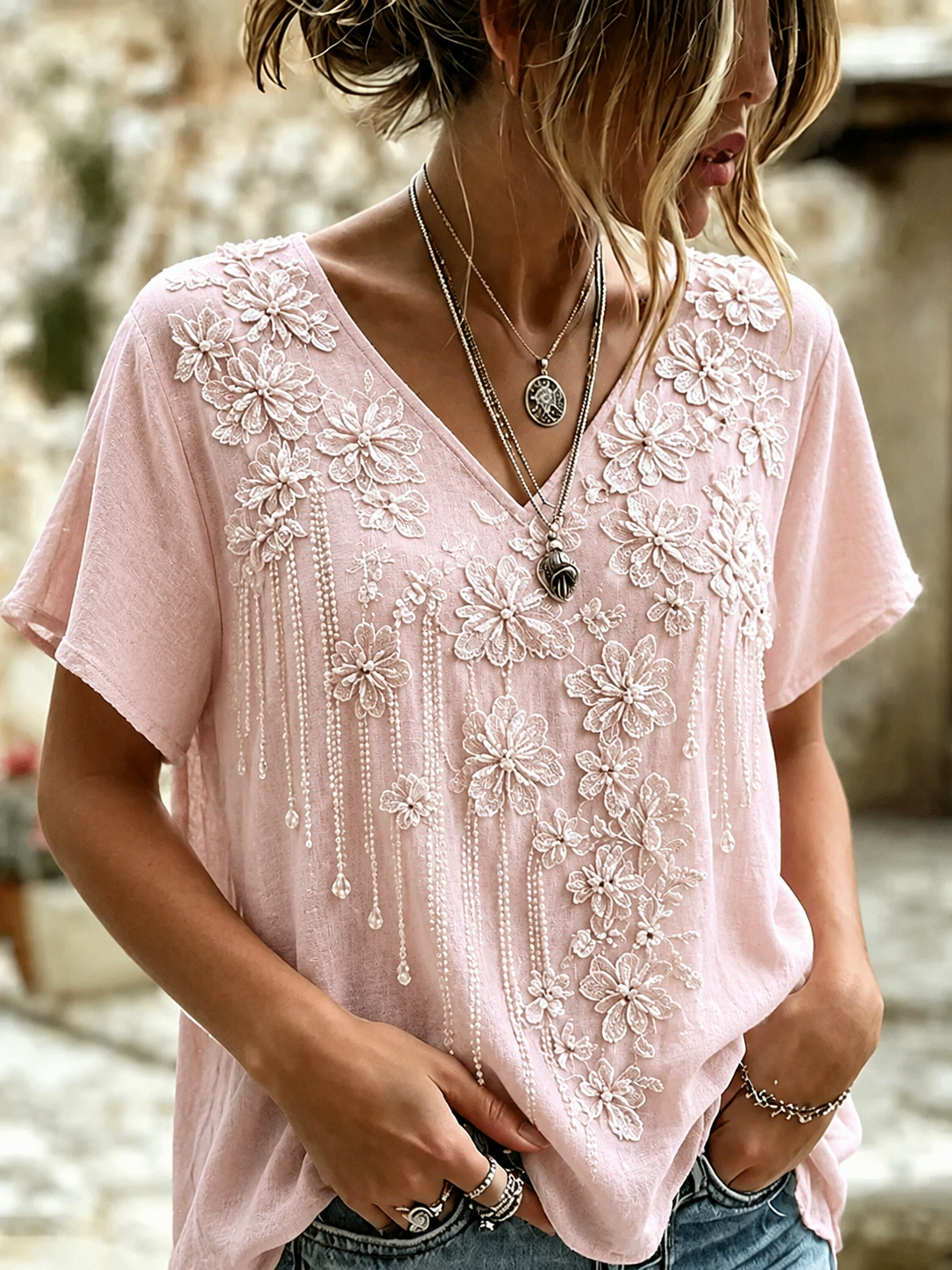 Women's Retro Floral Art Embroidery Casual Cotton Linen V-neck T-shirt