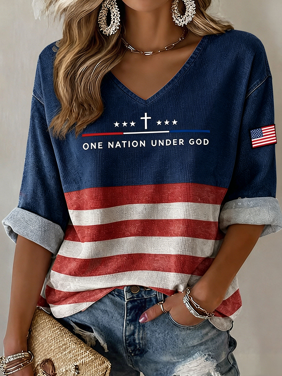 Women's One Nation Under God Cross Star American Flag Striped Roll Cuff V-Neck Loose Blouse