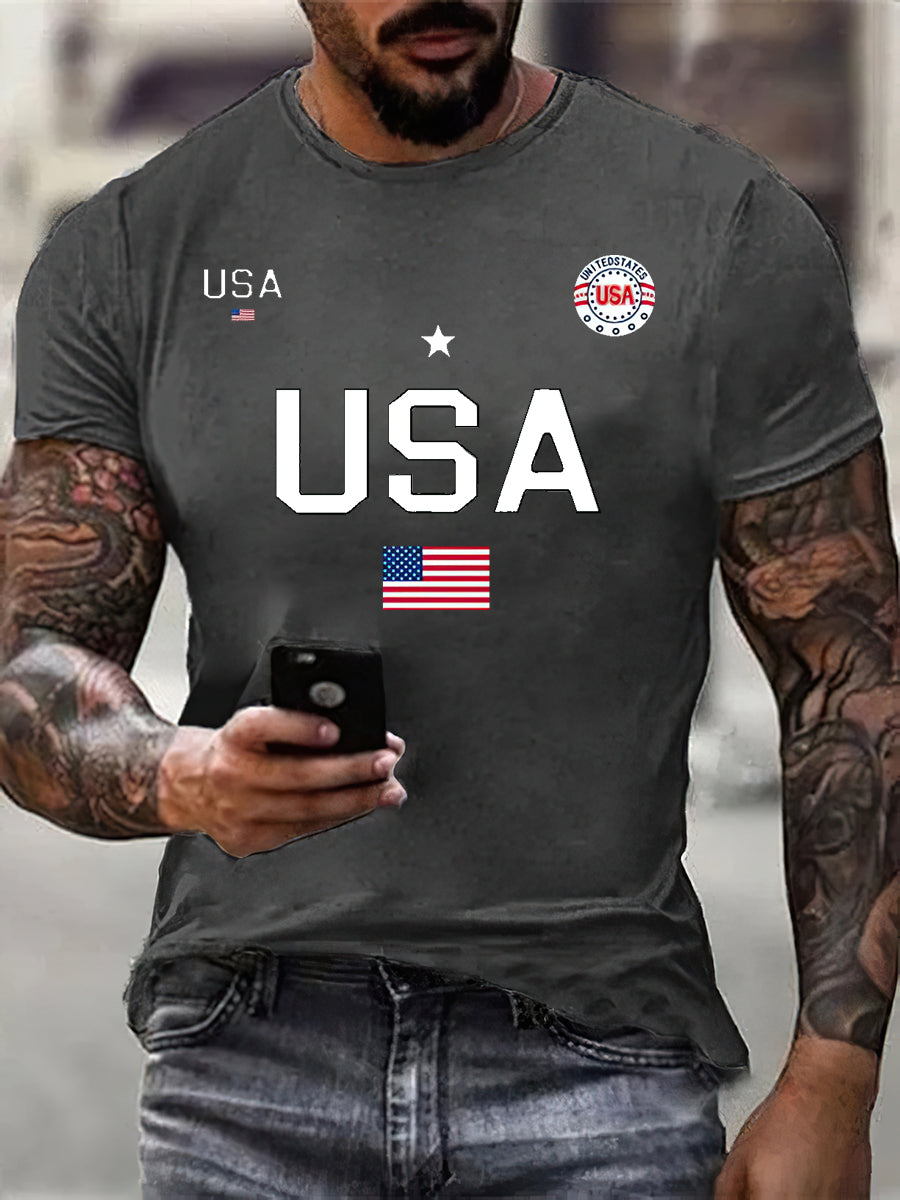 Men's USA Flag Print Cotton T-Shirt