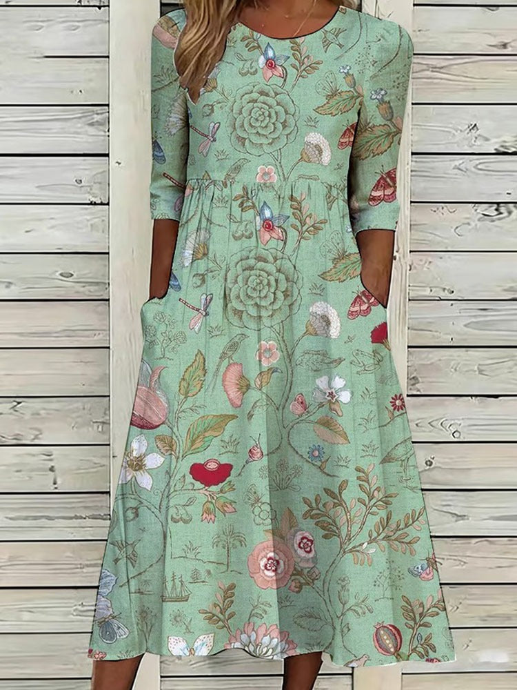 Women'S Casual Plant Flower Art Printed Round Neck Dress