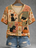 Women's Fall Season Cute Black Cats Print Casual V-Neck Tee