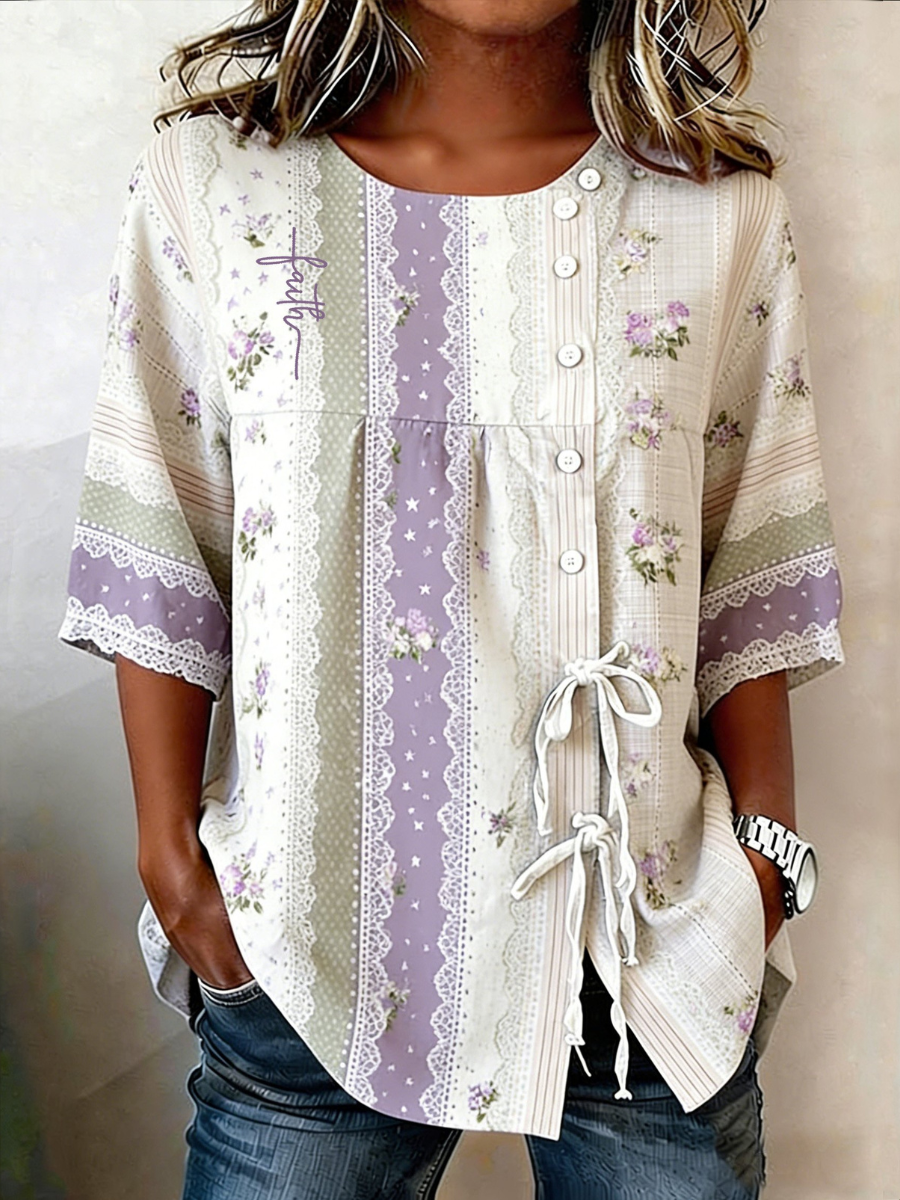 Women's Casual Purple Art Faith Cotton and Linen Shirt