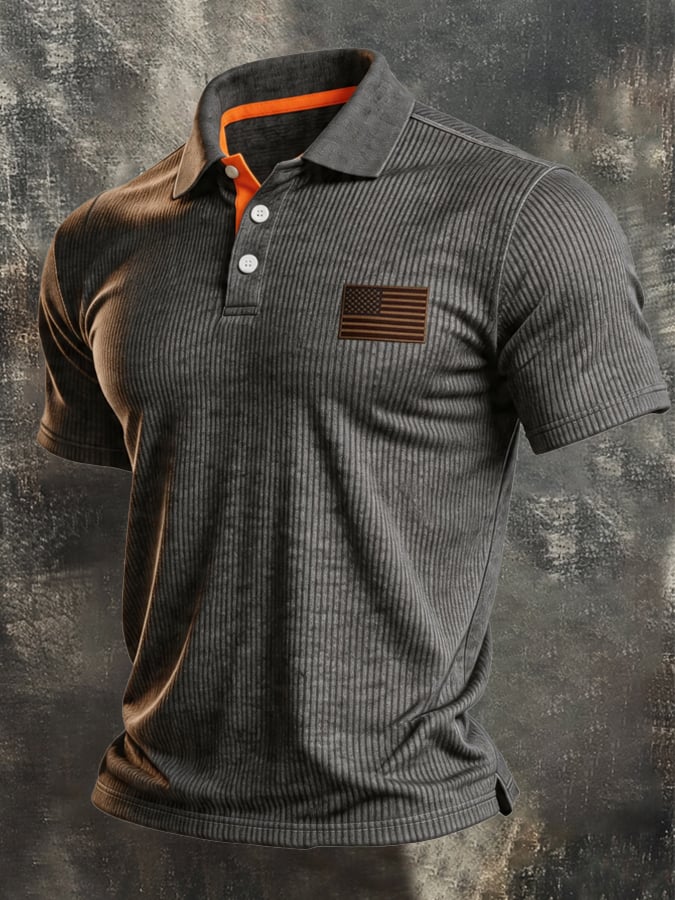 Men's Retro Ribbed Knit Stretch Color-Block Polo Shirt