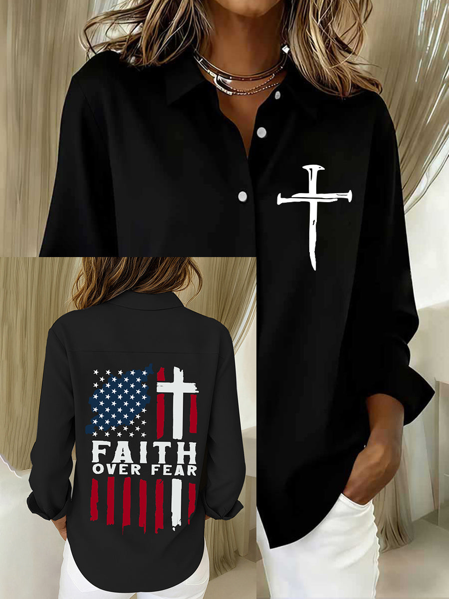 Women's Faith Over Fear Print Casual Cotton Linen Shirt