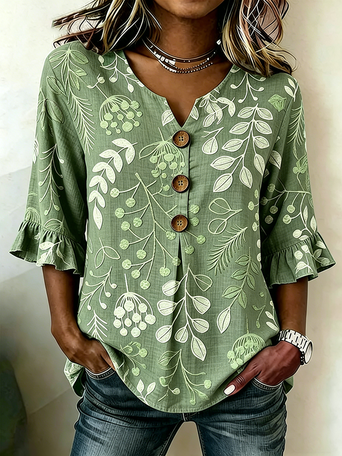 Women's Casual Retro Floral Cotton Linen Shirt