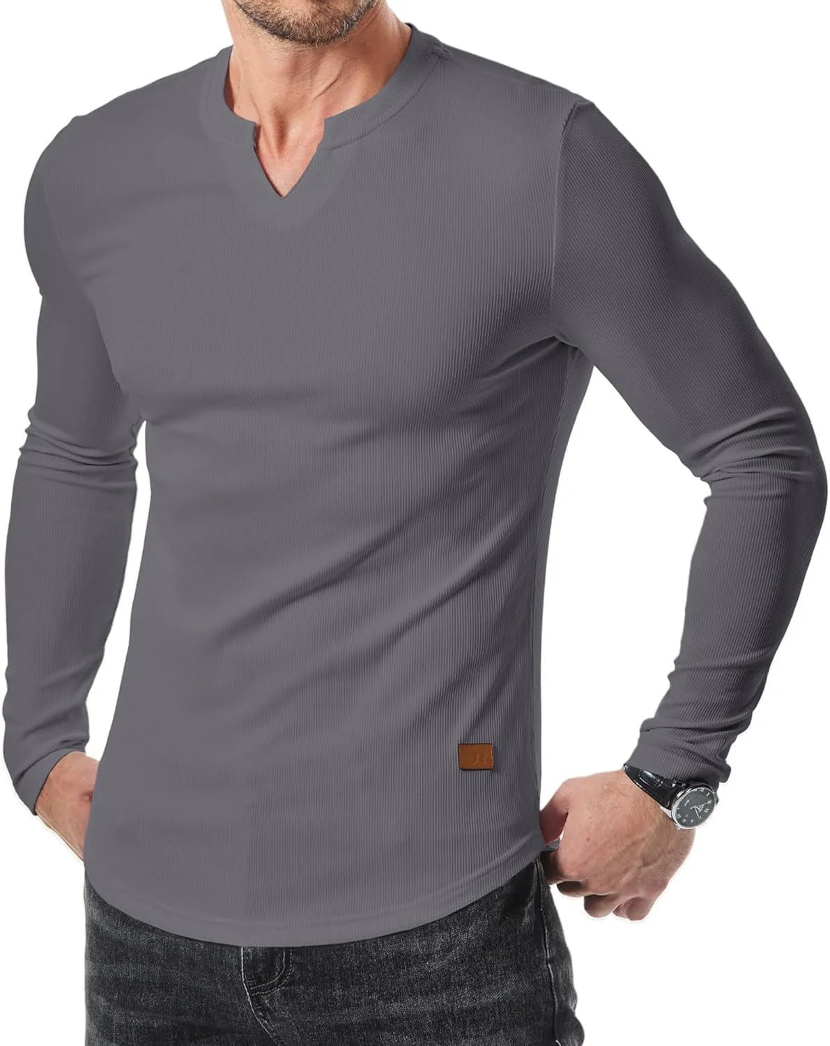 Men's Plain Casual Muscle Shirts for Men Slim Fitted T Shirt V-Neck Longline Ribbed Tees Shirts Long Sleeve Gym Workout Athletic Menswear Tops