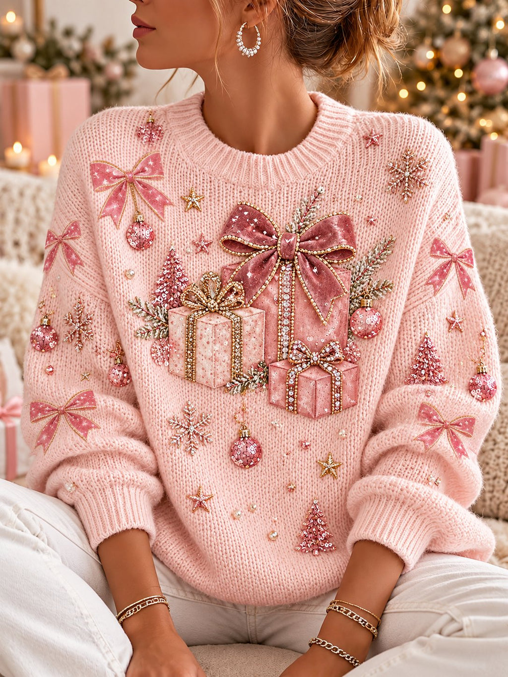 Damen-Sweatshirt mit Weihnachtsmuster, Rundhalsausschnitt und langen Ärmeln