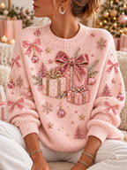 Damen-Sweatshirt mit Weihnachtsmuster, Rundhalsausschnitt und langen Ärmeln