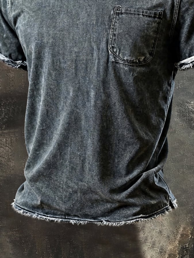 Men'S Vintage Pure Cotton Washed Crew-Neck Short-Sleeve T-Shirt With Distressed Details