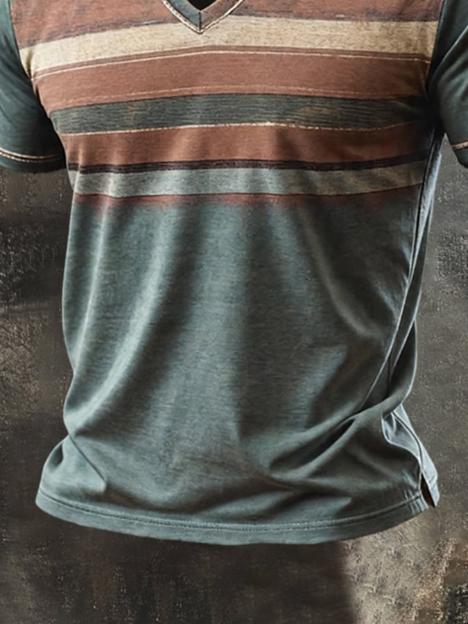 Men'S Retro Pure Cotton Short-Sleeve T-Shirt With Contrast-Color V-Neck And Print