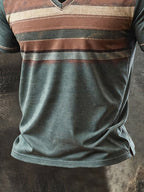 Men'S Retro Pure Cotton Short-Sleeve T-Shirt With Contrast-Color V-Neck And Print
