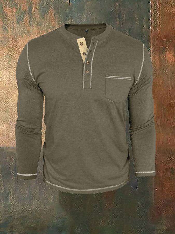 Men's Henry Pocket Long-Sleeve Color-Blocked T-Shirt