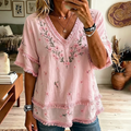 Women'S Pink Cotton Linen Flower Print Casual Tassel Shirt