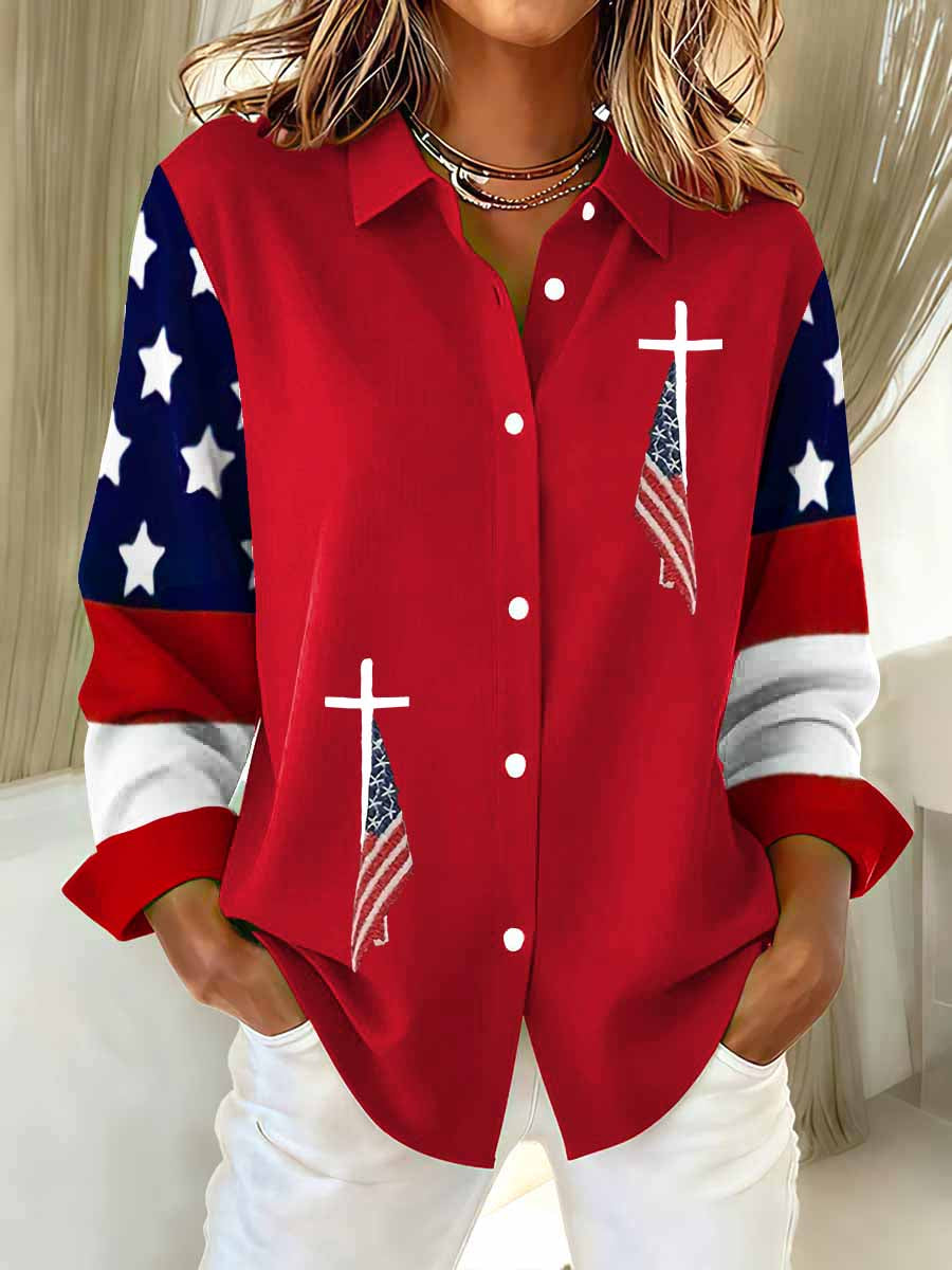 Women's US Flag And Cross Printed Casual Long Sleeve Shirt