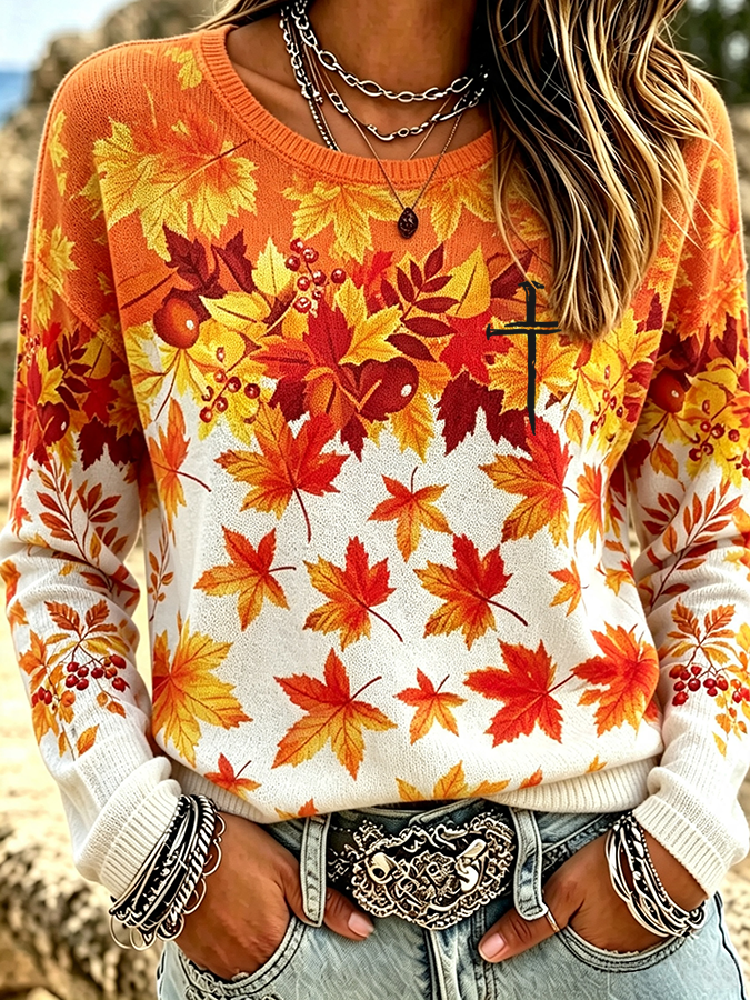 Ladies' Leisure Faith Maple Leaf Arctic Velvet Round Neck Top