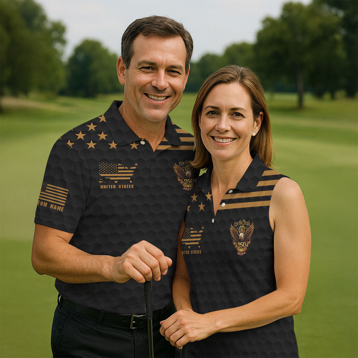 We The People 250 Years Golf Ball Pattern Black Golf Shirt, 4th Of July Patriotic Golf Shirts For Men