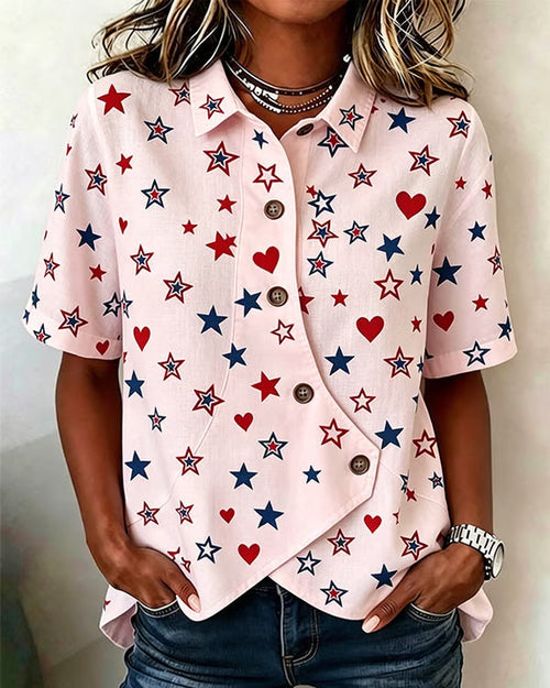 250th Anniversary Star Print Lapel Button-Down Short-Sleeved Shirt