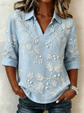 Women's Shawl Collar Half Sleeve Floral Lightweight Loose Shirt