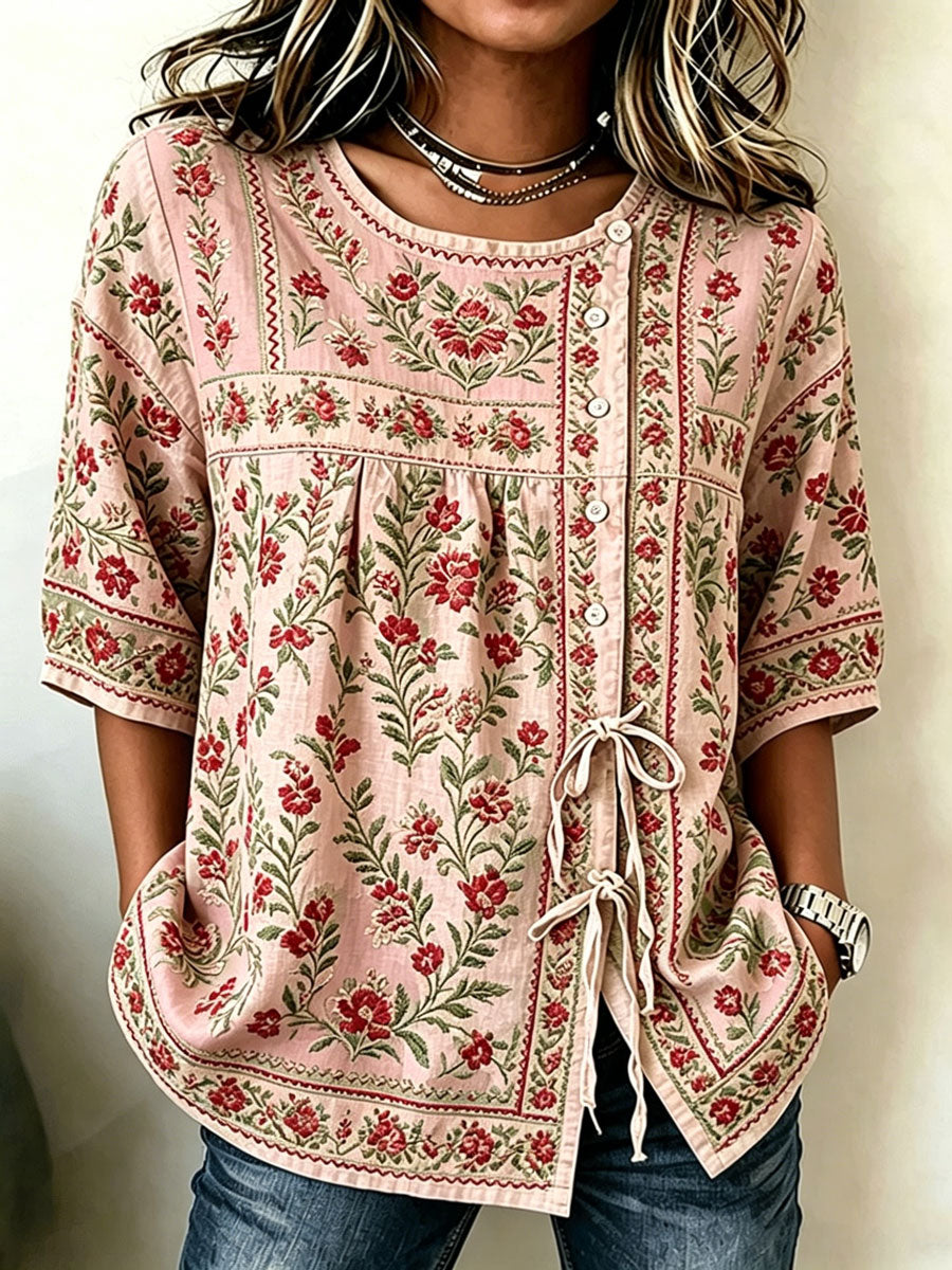 Women'S Cotton And Linen Casual Striped Print Top