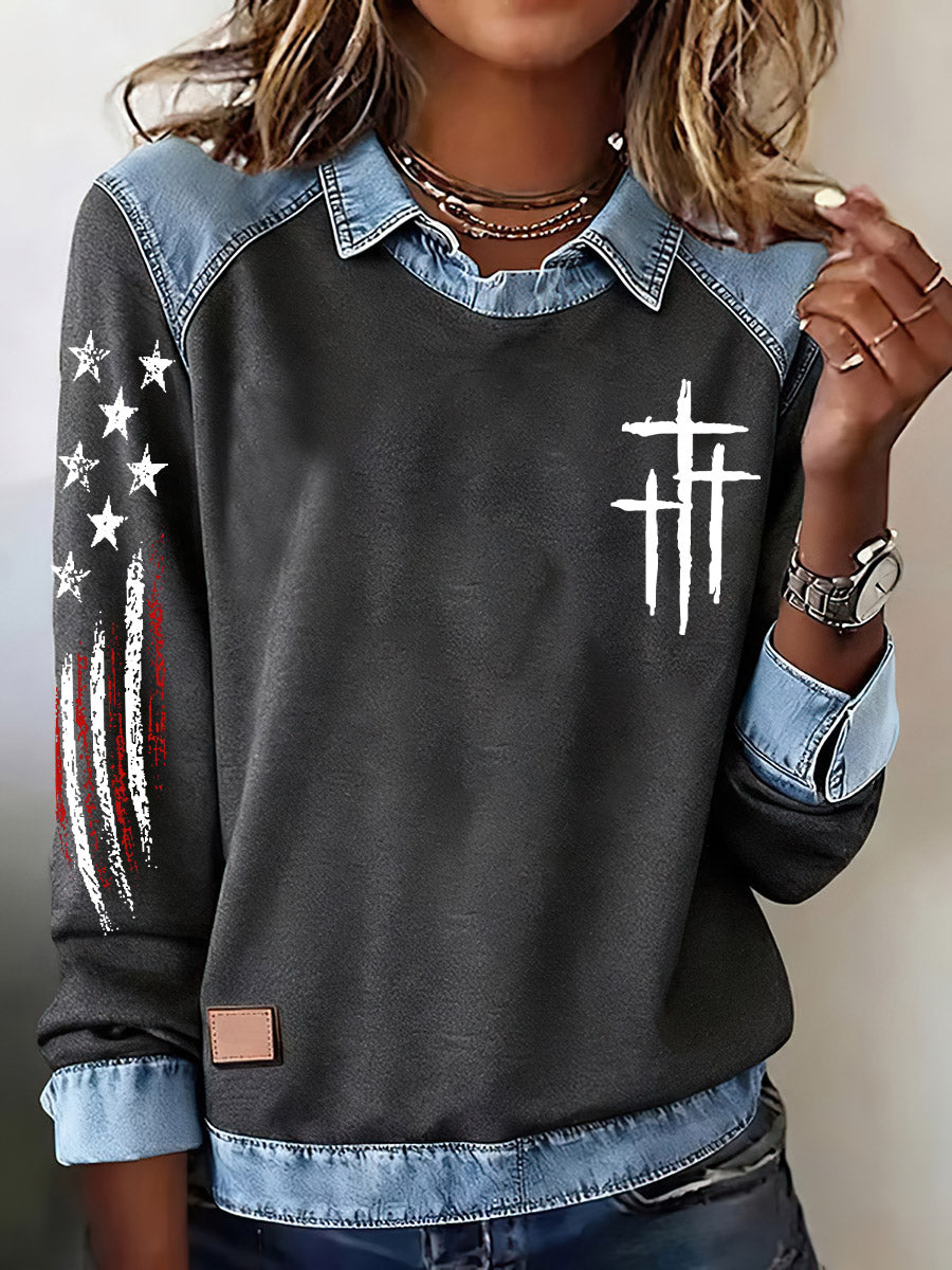 Women's Faith US Flag Print Lapel Long Sleeve Top
