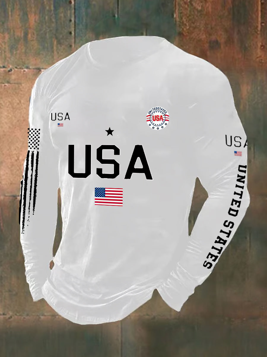 USA Flag Printed Long Sleeve Cotton T-Shirt