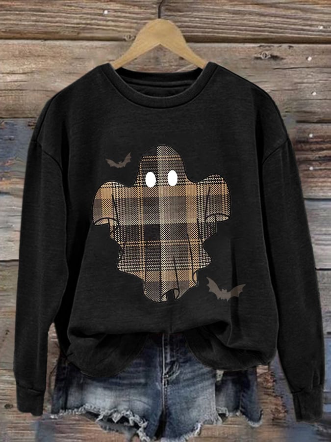 🔥Buy 2 Get 10% Off🔥Retro Halloween Ghost & Bats Flannel Plaid Print Sweatshirt