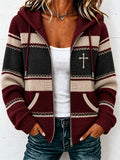 Women'S Christian Art Cross Pattern Cozy Knit Hooded Cardigan
