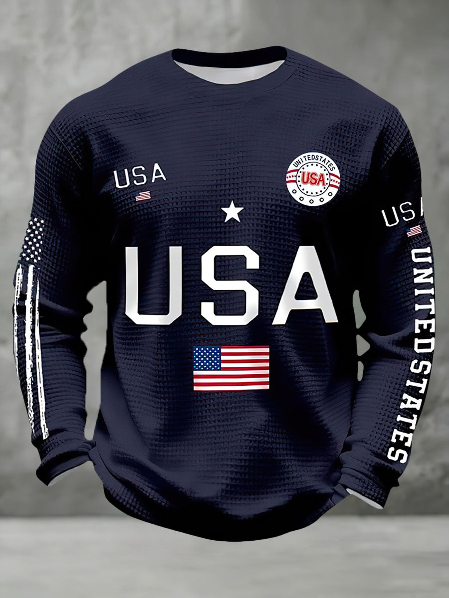 Waffle American Flag Printed Long Sleeve Crew Neck Sweatshirt