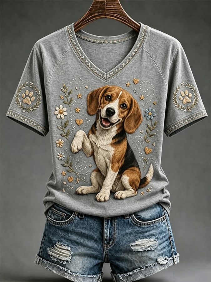 Women's Retro Dog Art Print  T-Shirt