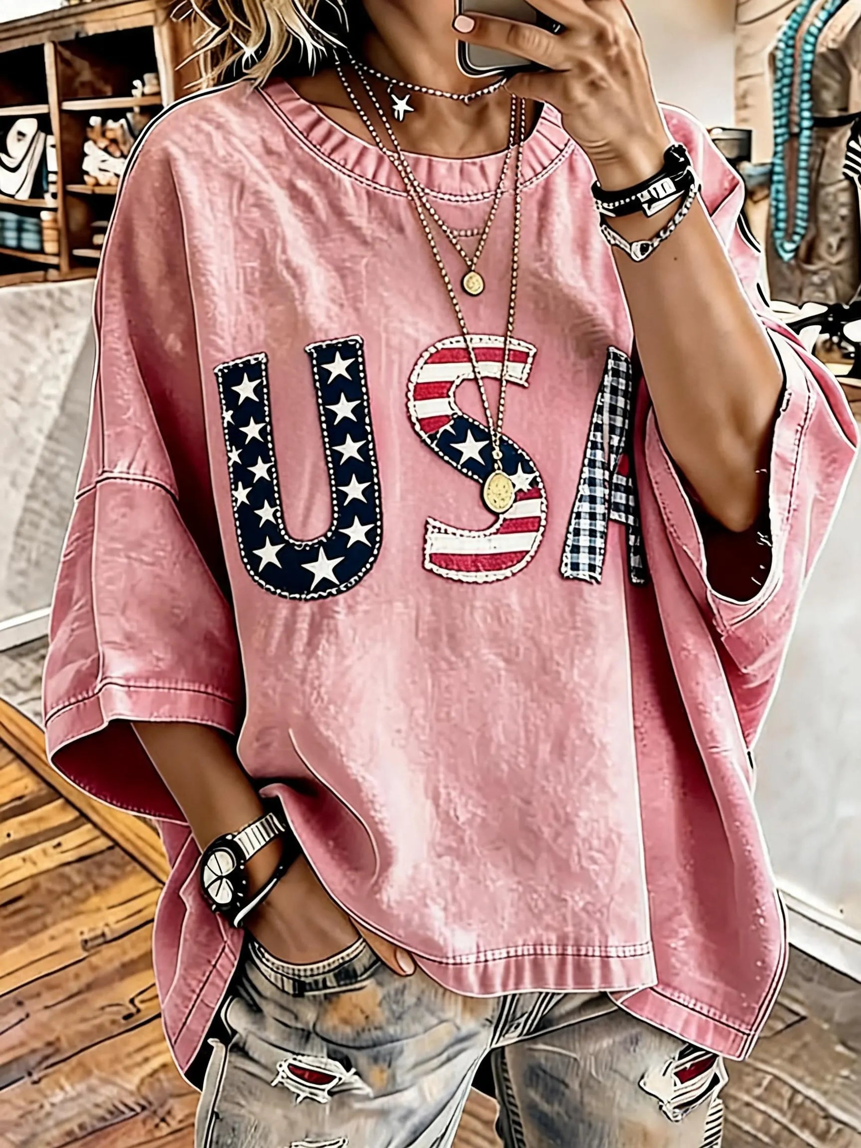 Women's Vintage Distressed Washed USA Printed Oversized T-Shirt