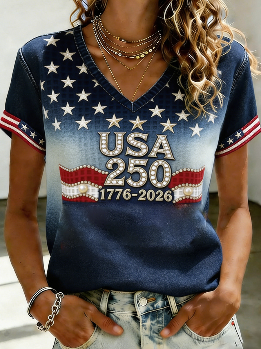 Women's Independence Day 250th Anniversary Printed V-neck T-shirt