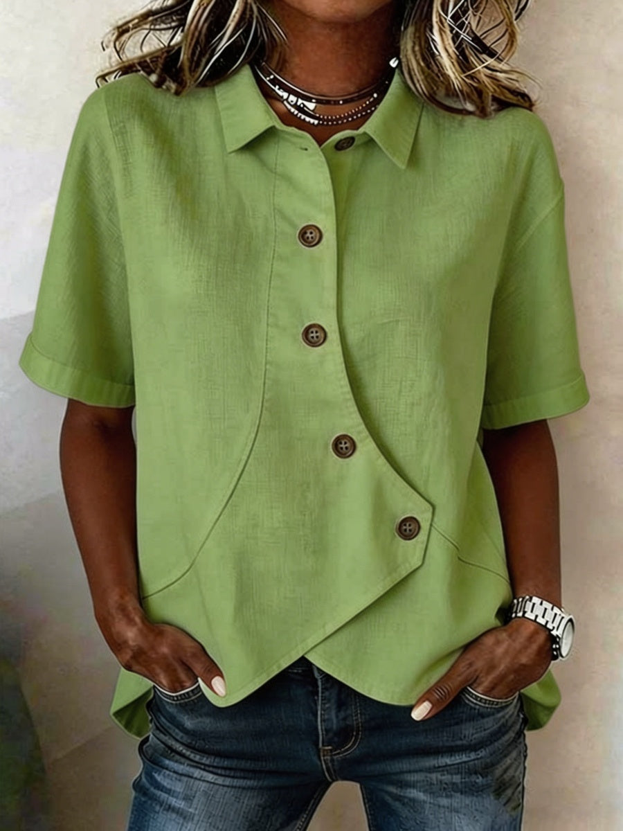 Women's Short-Sleeve Button-Down Cotton-Linen Shirt