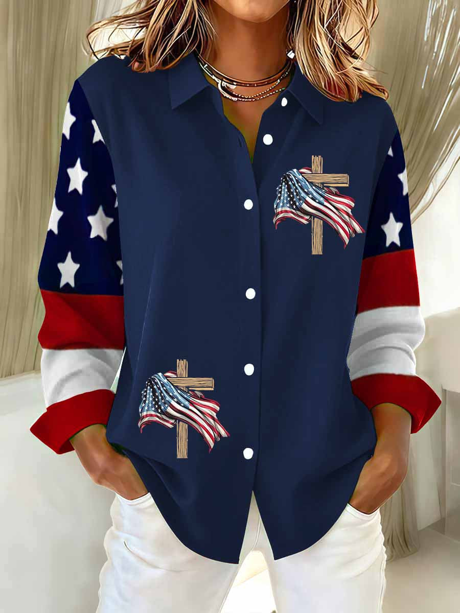 Women's US Flag And Cross Printed Casual Long Sleeve Shirt