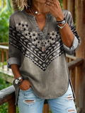 Women's Bohemian-Textured Floral Art Print Casual V-Neck Washed Cotton Denim Shirt