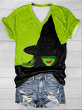 Women's Witch Print Short Sleeve V-neck T-Shirt
