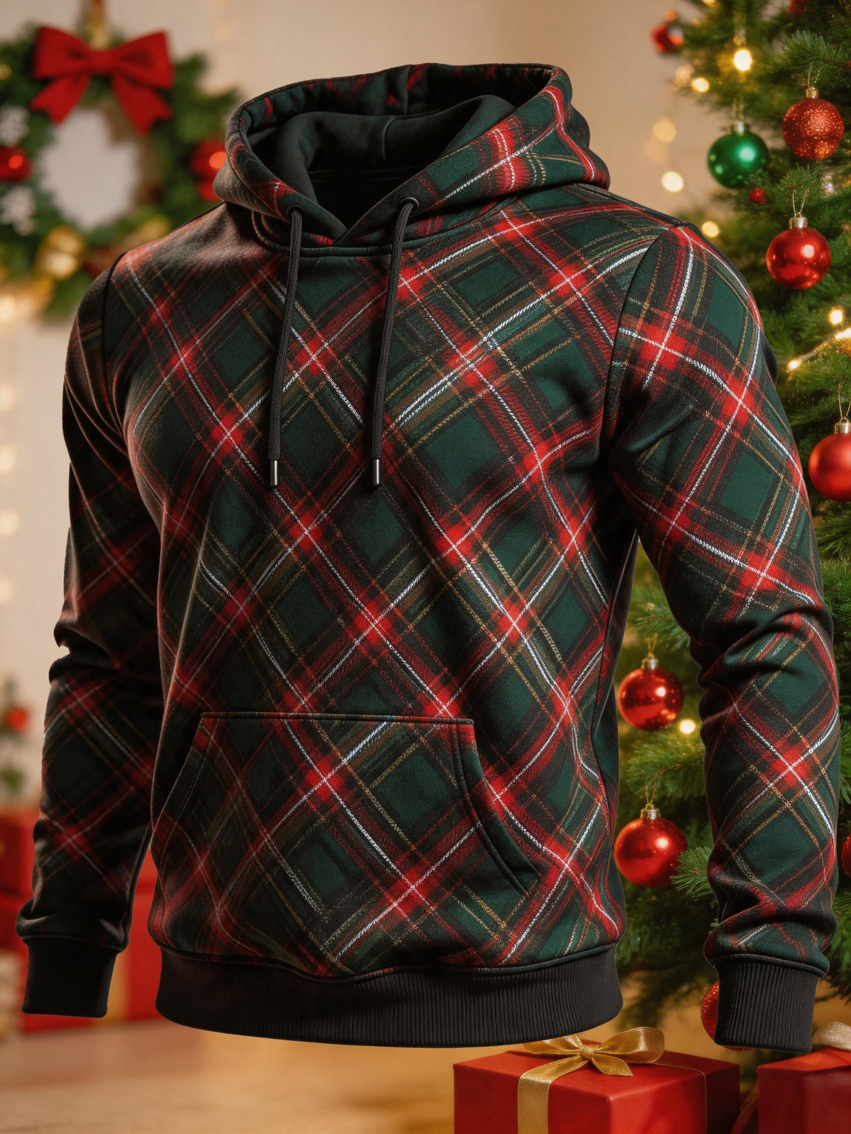 Men's Christmas Color-Block Print Hooded Sweatshirt
