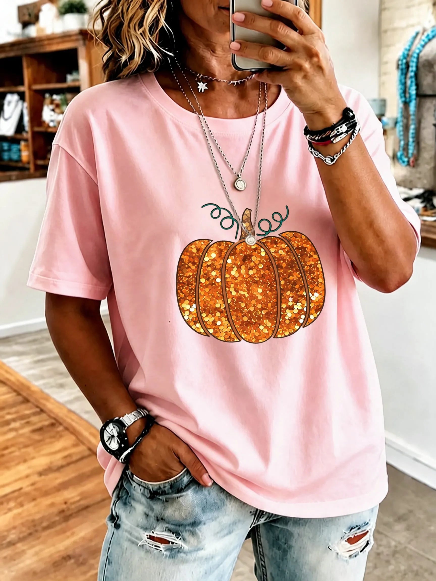 Women's  Halloween Floral Pumpkins Print Cotton T-Shirt