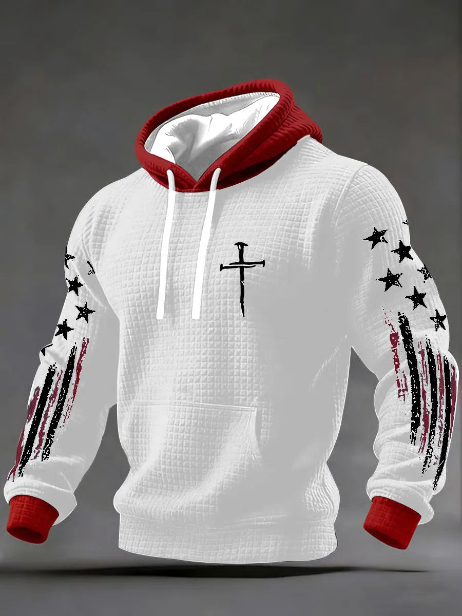 Men's Faith Cross And US Flag Print Waffle Belt Hoodie