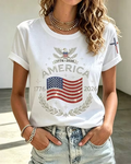 Women's Anniversary Flag Hot Diamond Print Crew Neck Short Sleeve Tshirt