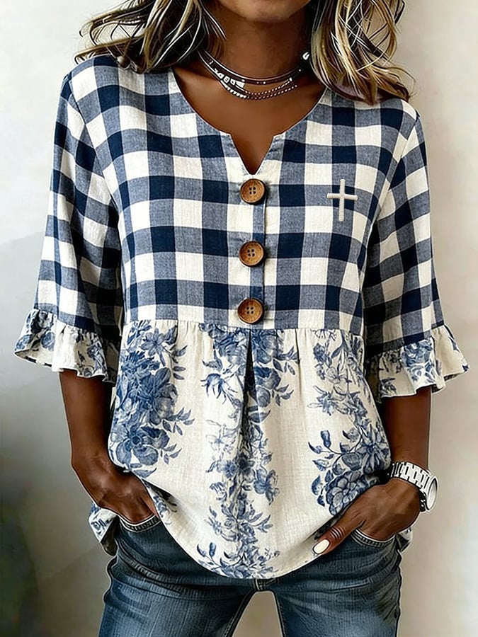 Women's Elegant Floral & Inspirational Print Faux-Linen Top