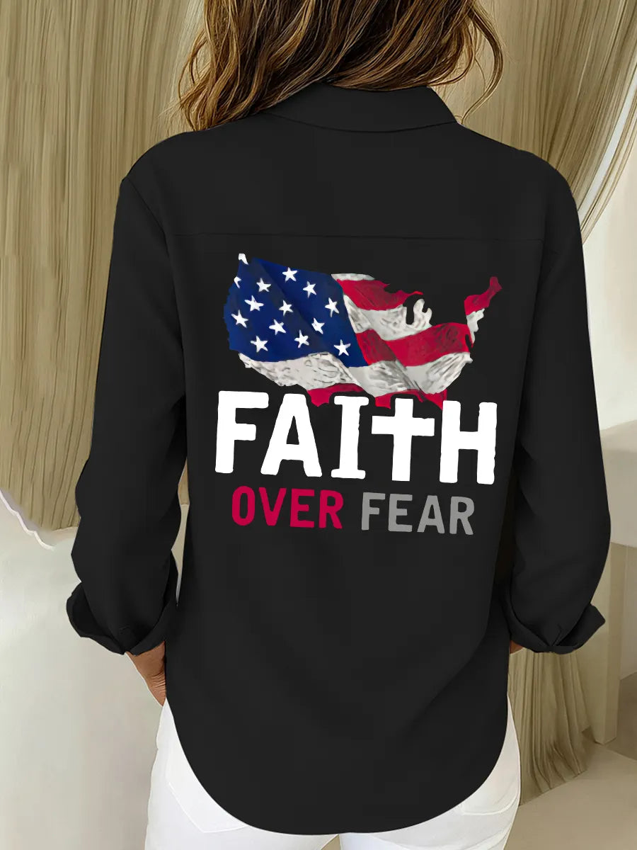Women's Faith Over Fear Print Casual Cotton Linen Shirt