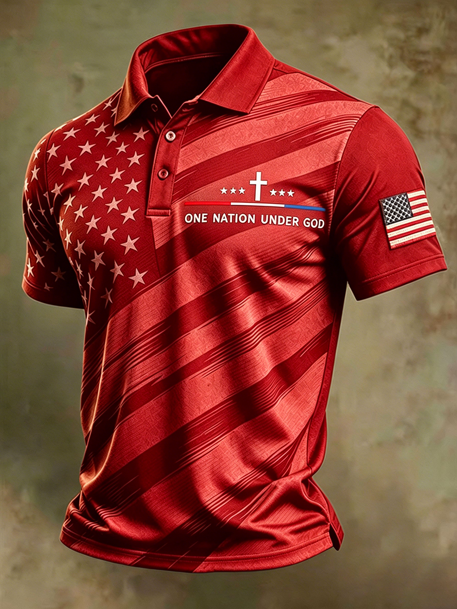 Men's One Nation Under God Cross Star Vintage American Flag Star Stripe Polo Shirt