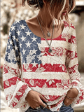 Women'S Retro American Flag Floral Art Printed Long Sleeved T-Shirt