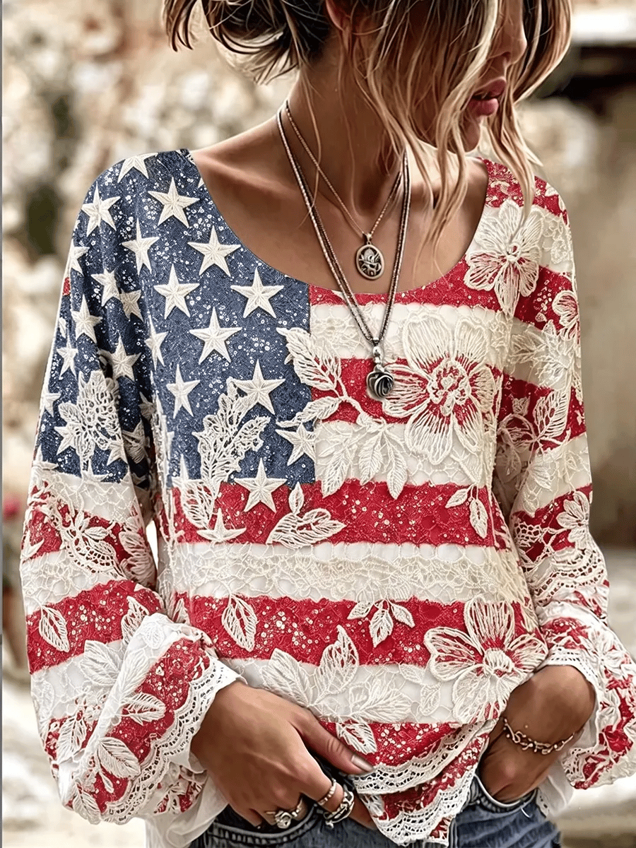 Women'S Retro American Flag Floral Art Printed Long Sleeved T-Shirt