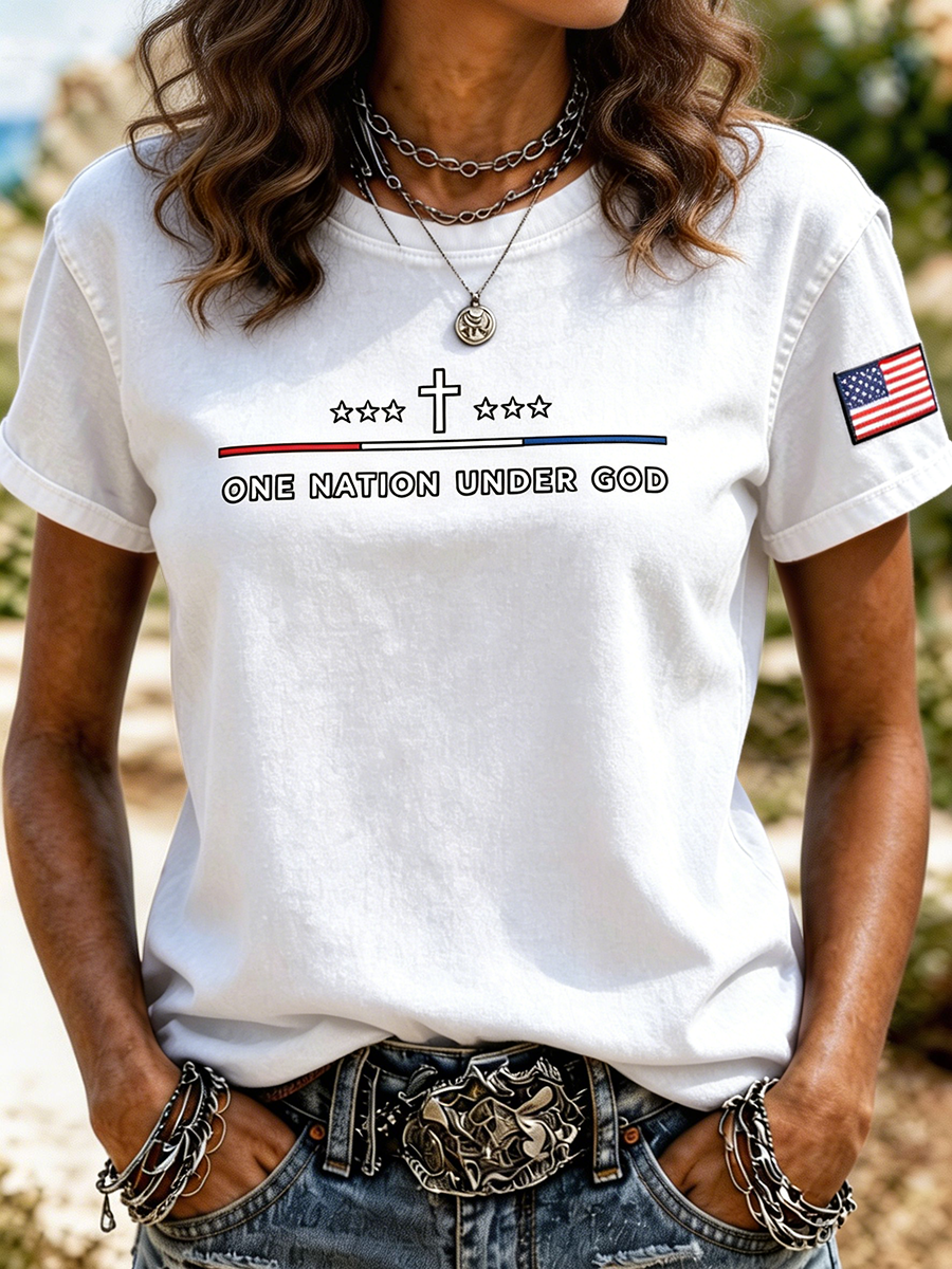 Women's One Nation Under God Cross Star American Flag Embroidered T-Shirt