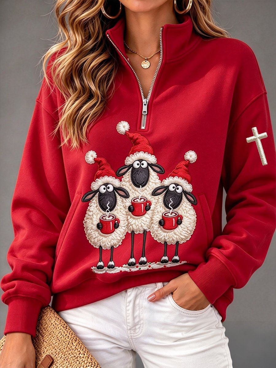 Damen-Weihnachts-Top mit Schafmotiv und Stehkragen