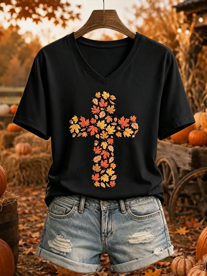 Women'S Fall Maple Leaves Cross Print V Neck Short-Sleeved T-Shirt