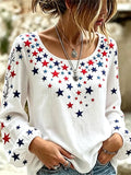 Women'S Retro American Flag Floral Art Printed Long Sleeved T-Shirt